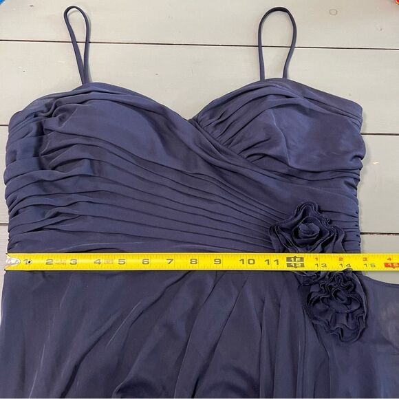 Camille La Vie Evening Gown Navy Draped w/ Fabric Flowers Size 14 - Picture 6 of 11